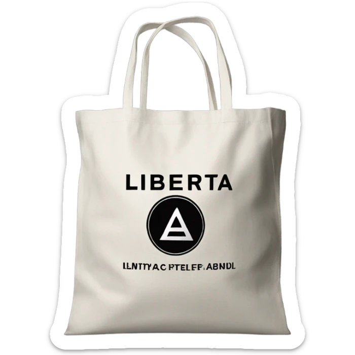 eco-friendly bag of gray color with black inscription liberta with a fabric wheel inside sticker