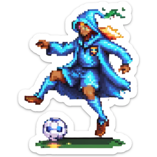 pixel art of a footballer in a wizard robe kicking a glowing soccer ball sticker
