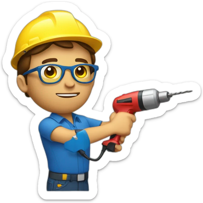 electrician brown hair yellow skin with blue shirt head with a power button on it. with golden glasses with a red drill in his hand sticker