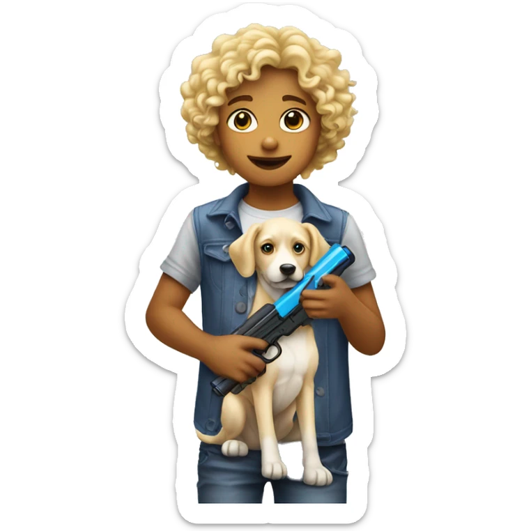 Make a blonde kid with curly hair holding a water gun at a dog sticker