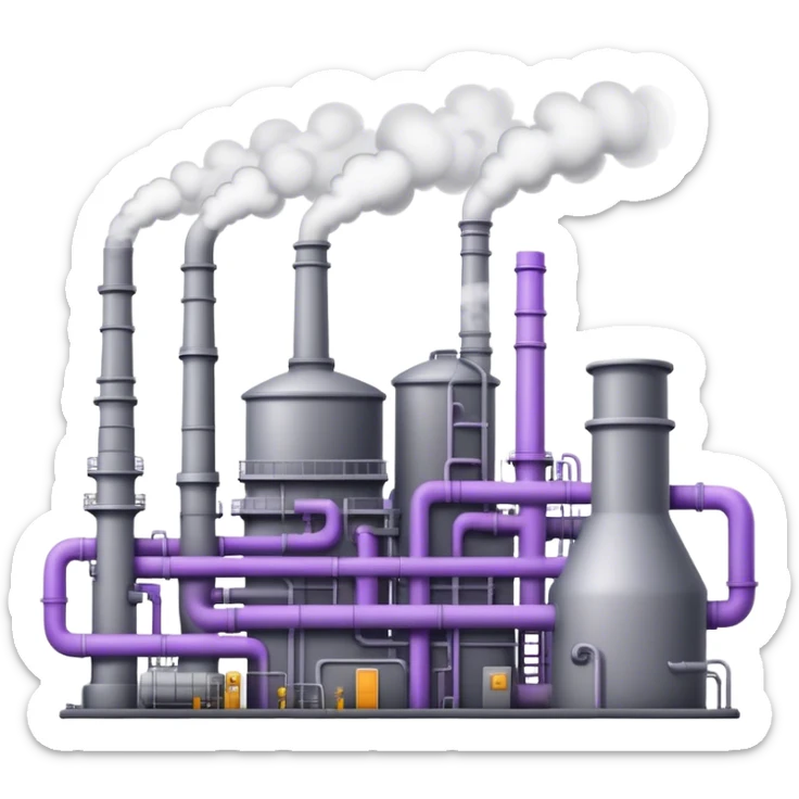 An emoji of an industrial factory in realistic gray tones, with pipes and smokestacks. Instead of smoke, soft neon violet energy or light particles flow out, symbolizing AI power and efficiency sticker