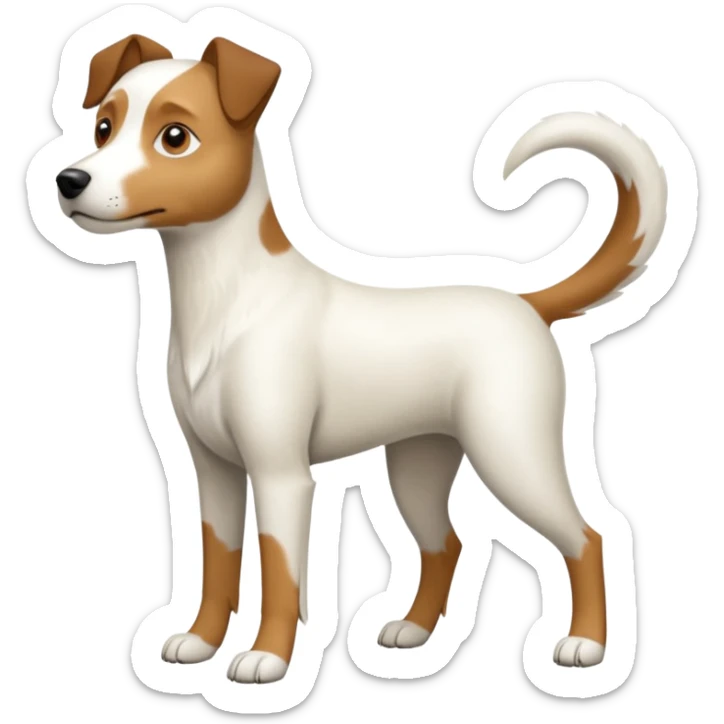 a full body large white parson russell looking dog the size of a kelpie with light brown flapped down ears and a light brown patch on one eye and a large snout sticker