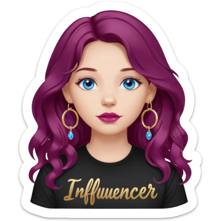 Girl with burgundy purple  wavy long hair  blue eyes  wearing a black tshirt "influencer " in pink lettering font, large gold hoop earrings & lip piercing
 sticker