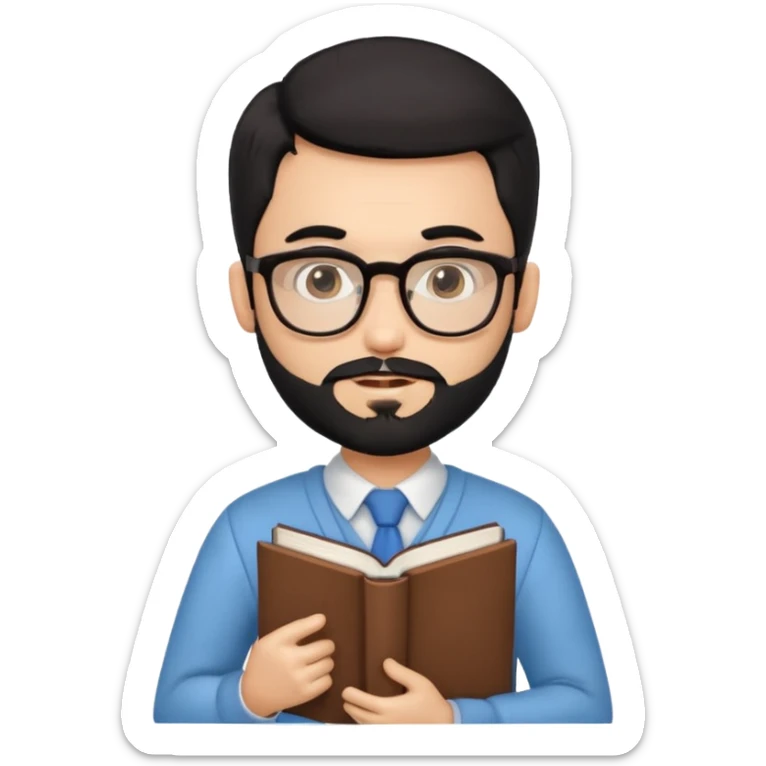 a pretty bratz teacher male with black hair, spectacles on, holding a book in hand and a chocolate in the other. bearded sticker