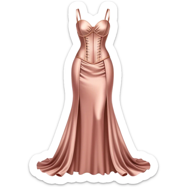 Realistic rose gold silk maxi dress isolated with a tight corset. No person, just a dress sticker