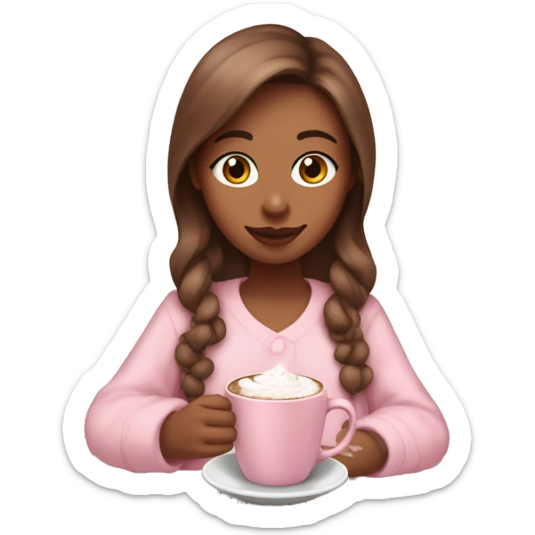 create a brown hair girl with braces in a baby pink night gown and a hot chocolate in her hand  sticker