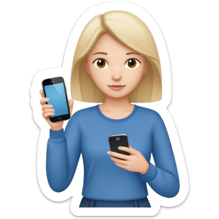 woman casual clothes holding just one phone in one hand and the other hand empty sticker