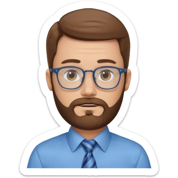 white-man-businessman-with-beard, brown hair, glasses, blue shirt, tie sticker