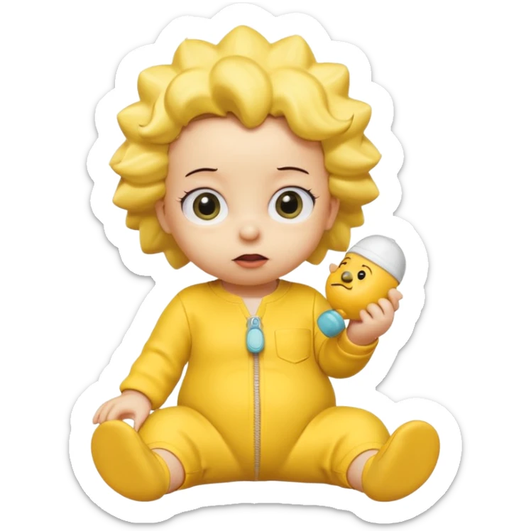 A 3D cartoon baby character yellow skin, styled like Maggie Simpson, with pacifier, yellow onesie, big eyes, smooth shading, Memoji-style rendering, consistent with other yellow Simpsons characters. sticker