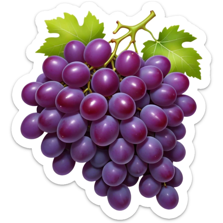 Cinematic Realistic Grapes Emoji, Clustered together in rich purple hues, with smooth, plump skins reflecting light in a glossy, delicate sheen. The stems curve slightly, holding the clusters together like a sweet, natural treasure. Soft glowing outline, capturing the essence of natural sweetness and richness in a bunch of ripe grapes! sticker