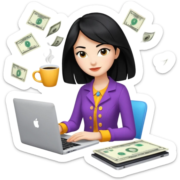  woman character with laptop and coffee in Paris, dollars coming out from the screen floating, colorful chic outfit, white laptop, Pixar style, black hair, fair skin,  sticker