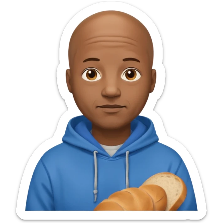 Bald black guy 40 years old with blue hoodie and and bread emoji sticker