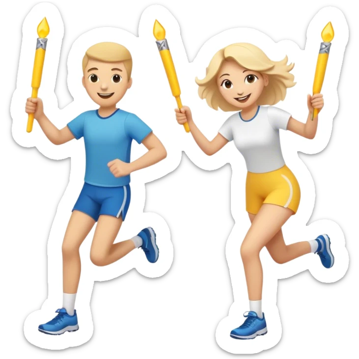 Show two happy team members passing a bright baton in a relay race. One girl, young woman and a young man with all sorts of happy smiley emojis in the air.  Add the words Rejuvenation Break at the top in fun lettering sticker
