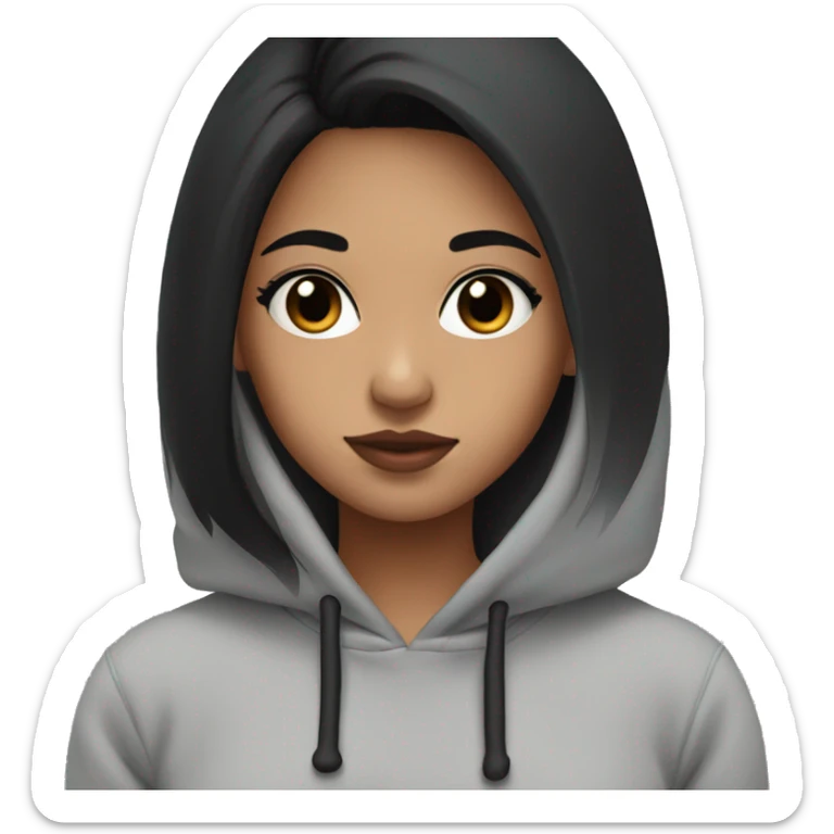 girl wearing a grey and black hoodie, pretty, black hair, black eyes, pink lips, facing the side a little bit sticker