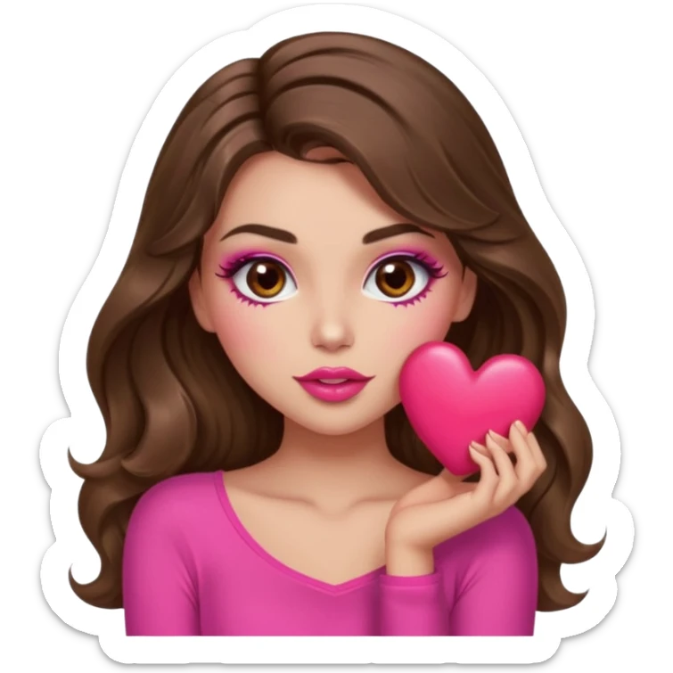 girl with long wavy brown hair, brown eyes, long lashes makeup, sexy pink lips, light to medium complexion, wearing a pink sexy top, sexy , puckering, blushing, kissing a heart sexy sticker