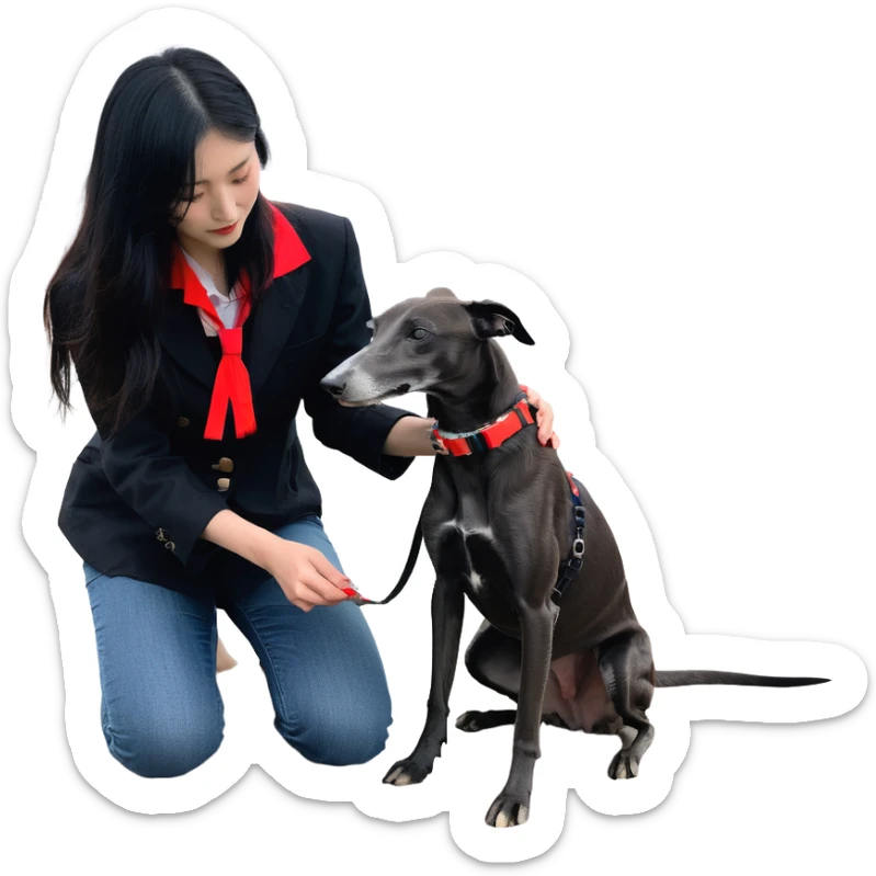 A very beautiful and attractive 25-year-old Japanese woman with long flowing black hair gently petting a PURE SOLID DARK GREY whippet wearing only a bright RED COLLAR on a beach at night under a starry sky. The whippet MUST be 100% SOLID DARK GREY with ABSOLUTELY NO WHITE MARKINGS ANYWHERE - specifically NO WHITE on face, NO WHITE on chest, NO WHITE on paws, NO WHITE anywhere - ENTIRELY ONE CONSISTENT SOLID DARK GREY COLOR throughout the entire dog from nose to tail tip. Only exception is the bright red collar. Deep blue night sky filled with bright stars, moonlight reflecting on the ocean, sandy beach in the foreground. sticker