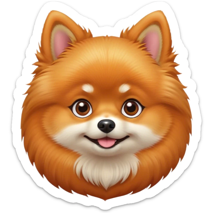 Cinematic Cute Orange Pomeranian Portrait Emoji, Head tilted playfully and inquisitively, featuring a luscious, fluffy orange Fur with a natural sheen, round, sparkling brown eyes filled with curiosity, Simplified yet irresistibly adorable features, highly detailed, glowing with a warm, friendly glow, high shine, affectionate and lively, stylized with a touch of whimsy, bright and endearing, soft glowing outline, capturing the essence of a mischievous yet loving pup, so playful it feels like it could scamper out of the screen and into your arms! sticker