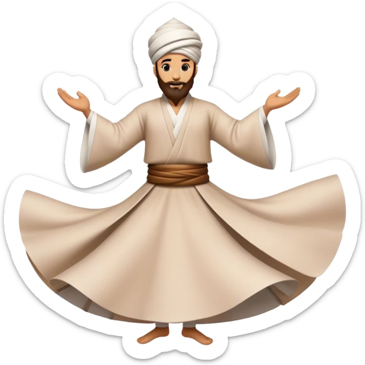 Cinematic Realistic Whirling Dervish Pop Culture Emoji, showcasing a mystical portrayal of traditional Sufi dance rendered with fluid textures and dynamic, spiritual lighting. sticker