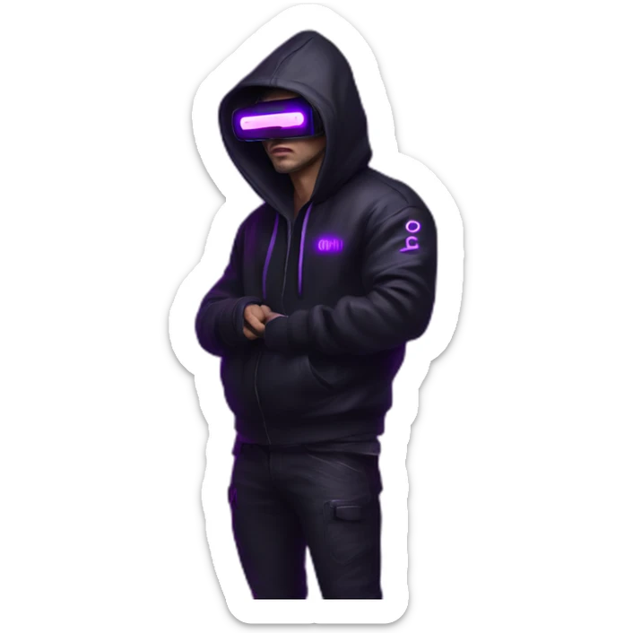 Russian man in the black hoody with violet letters "OMG VR" on it wearing vr headset. Cyberpunk style. Violet neon. sticker