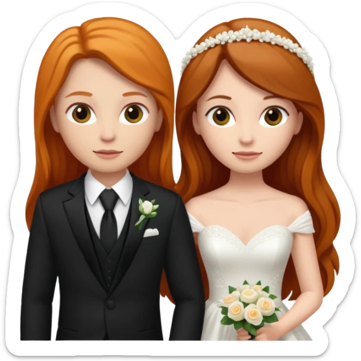 two girls getting married. one ginger with long hair in a BLACK SUIT. one dark haired brunette in a WEDDING dress sticker