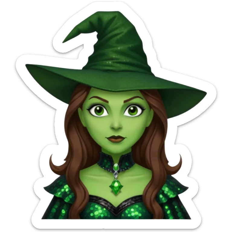 The Wicked Witch from Oz with long brown hair, green skin, black sequin outfit sticker