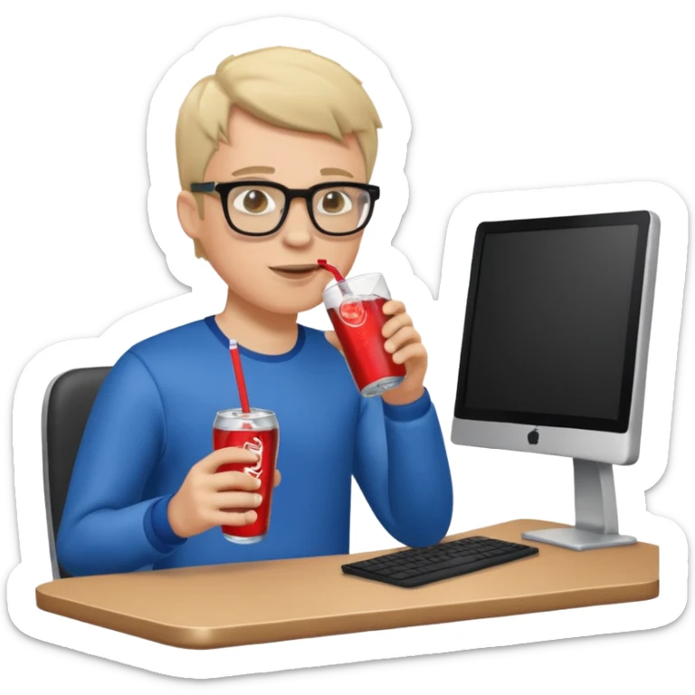 Hombre blanco con gafas tomando un refresco frente a un ordenador con ropa de deorte sticker