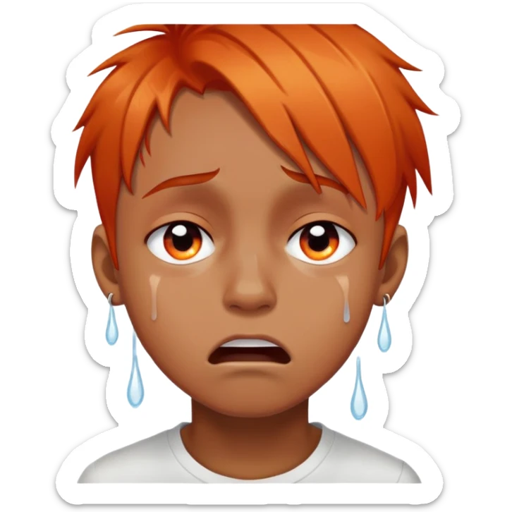 brownskin boy with emo orange hair, red and black eyes, crying white tears, more intense expression sticker
