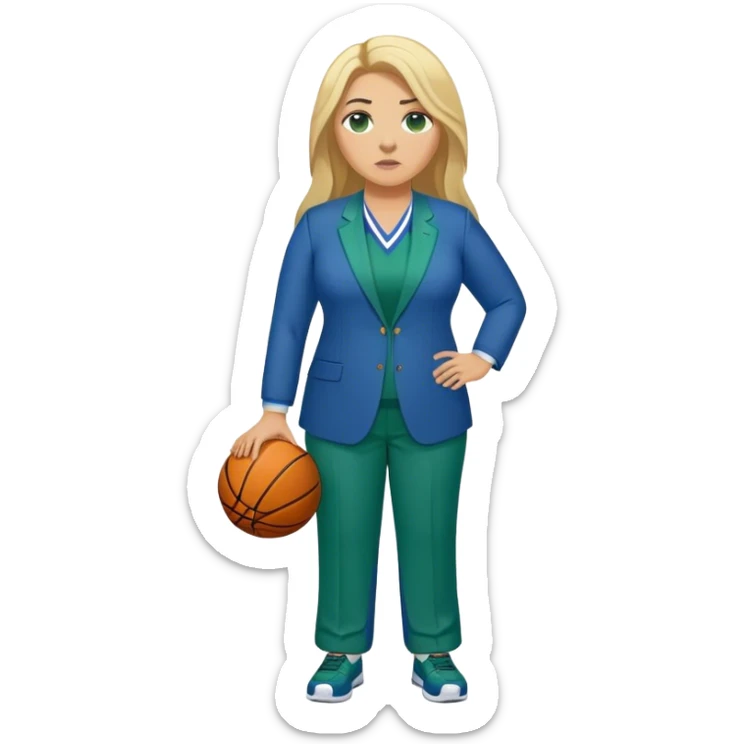 Full Body white plus size female basketball head coach with long blonde hair in a blue and green suit sticker