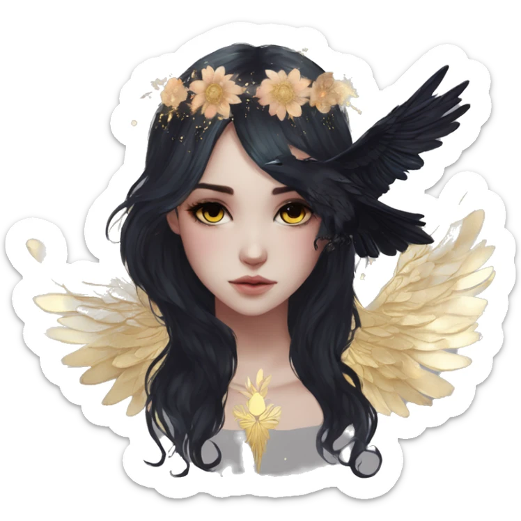 Black Raven wings bohemian Ethereal galaxy constellation girl angel raven wings black wings, gold arrow, nebula, flower crown sticker