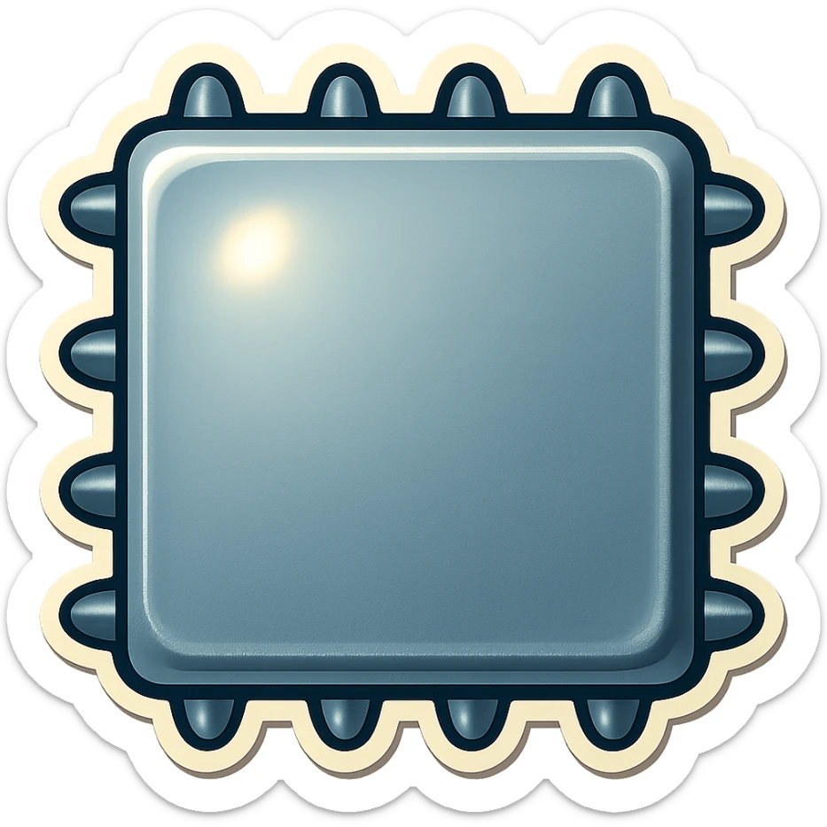 head-on view of a metal slab with many short, fat spikes evenly spaced along each visible side edge, no spikes on the corners, large blank front face, retro sticker style sticker