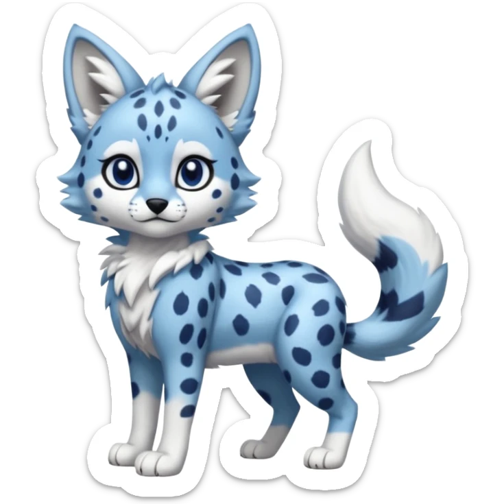 Blue cute adorable serval-snow-leopard-Lycanroc-wolf-fusion-hybrid, full body sticker