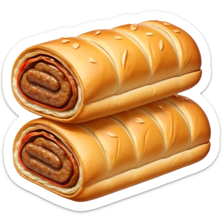 cinematic-realistic-sausage-roll-dish-emoji,-depicted-with-a-crisp,-golden-pastry-wrapped-around-flavorful-sausage,-rendered-with-detailed-textures-wrapped ina. plastic wrapper unrapped - and-appetizing-lighting sticker
