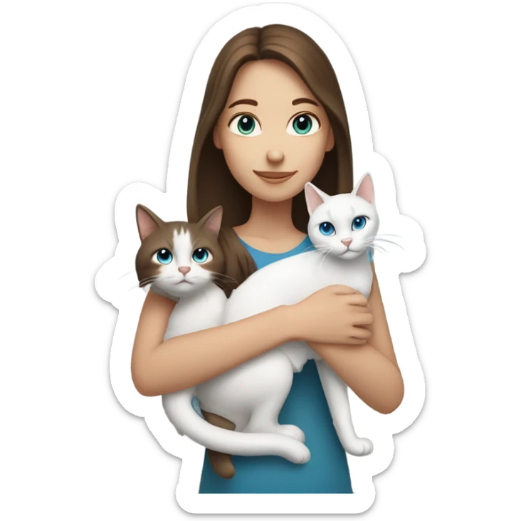 a girl with blue eyes and brown hair and a gray and white cat sticker