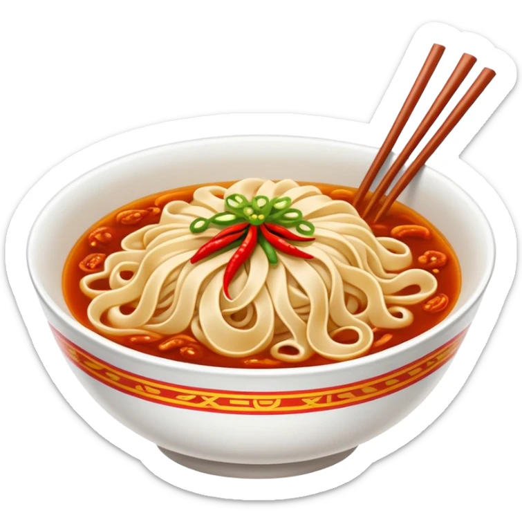 Xi'an Biangbiang noodles with extra wide belt shape and chili oil, simplified emoji style with bold outlines and bright colors, cartoon style Shaanxi specialty sticker