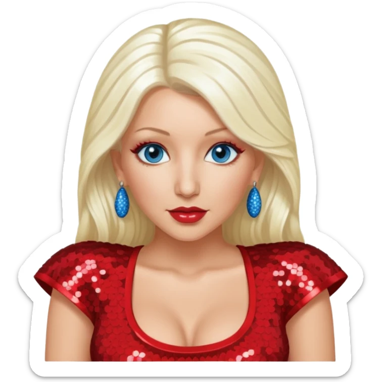 Christina Aguilera with long platinum blonde hair, blue eyes, sequin red crop top sticker