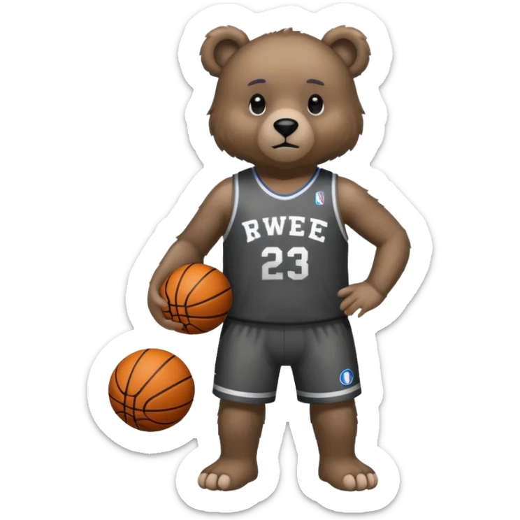 Bear with full body and wearing basketball black and gray jersey that says RWE  sticker