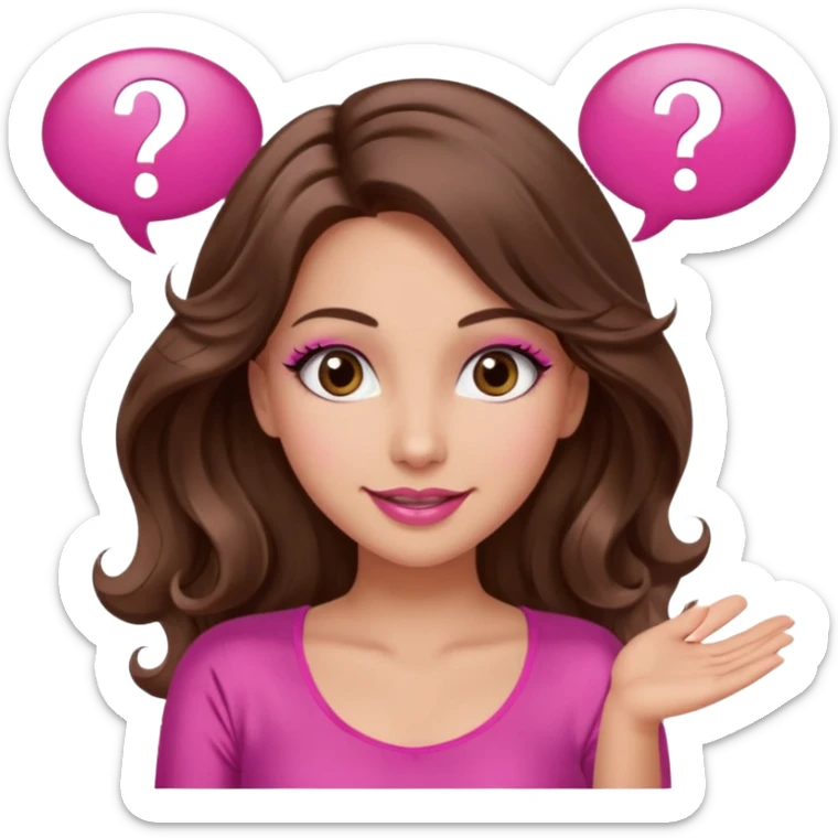 girl with long wavy brown hair, brown eyes, long lashes makeup, sexy pink lips, light to medium complexion, wearing a pink sexy top, shugging, smiling, question mark one speech bubble sticker