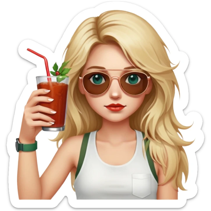 girl with long blond messy hair
with blue eyes
and aviator sunglasses
wearing white tank top 
holding bloody mary
wearing (rose gold apple watch with forest green band) sticker