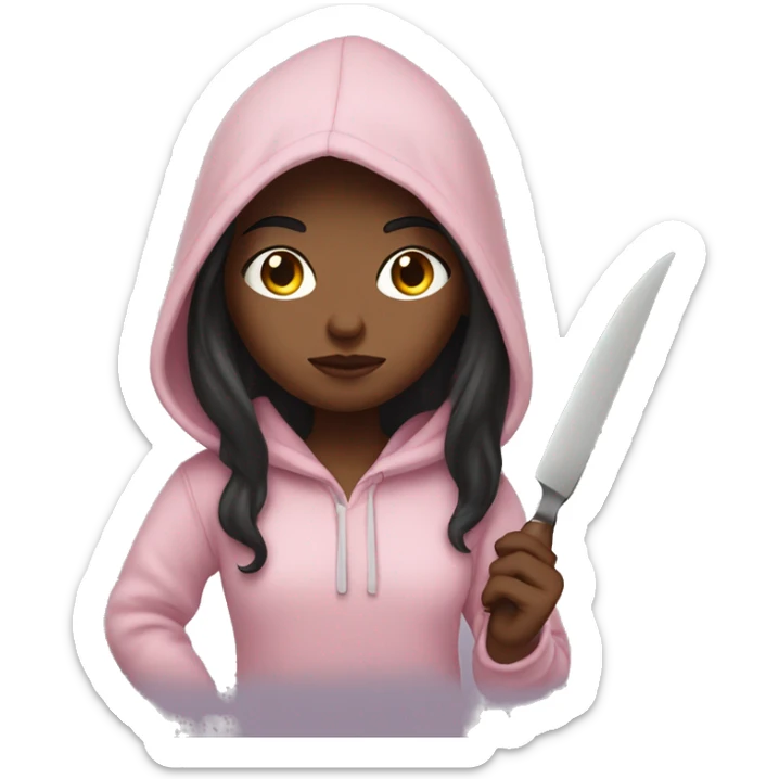 Girl with long dark hair in a light pink hoodie with a serious face holding a butter knife sticker