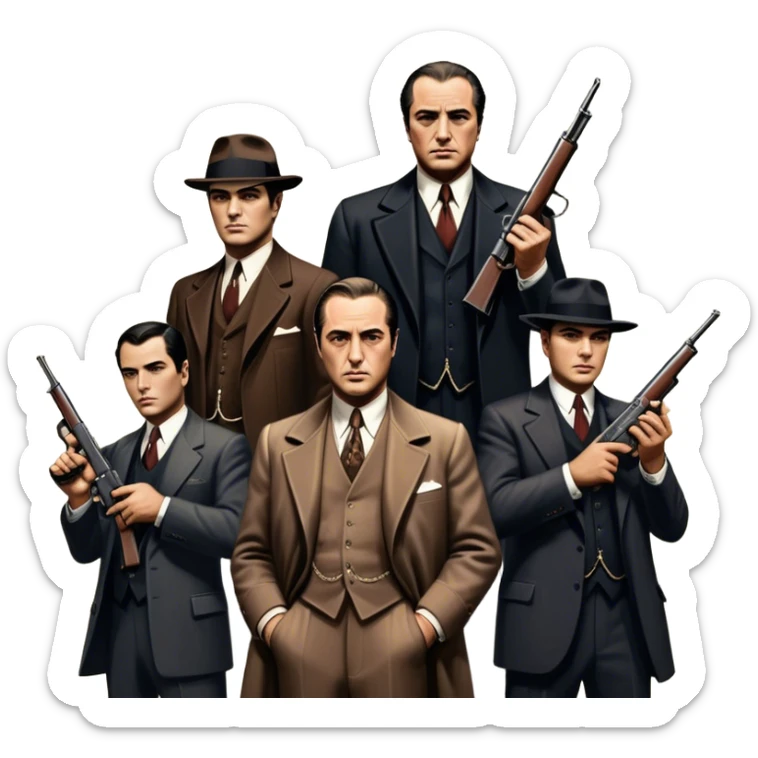 Vintage noir poster with Don Corleone surrounded by gangsters holding Thompson submachine guns. Background features New York skyscrapers, adding to the gritty, classic gangster film feel.  Dark and moody atmosphere with shadows, suits, and a mysterious vibe. Transparent background. sticker