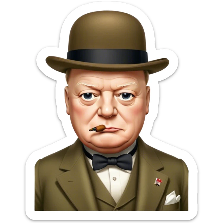 Cinematic Realistic Winston Churchill Portrait Emoji, depicted as a resolute British statesman with a signature bowler hat and a cigar, exuding determined leadership and wartime valor, rendered with lifelike textures and dramatic vintage lighting that captures his iconic British spirit. sticker
