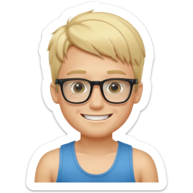 portrait of boy, wearing a tank top, square glasses, grinning face, blond hair sticker