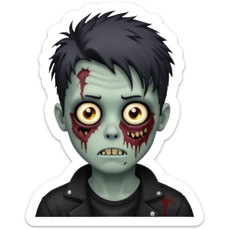 Zombie Boy with black médium large messy hair and teenager aparience, black background sticker