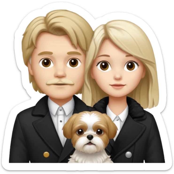 A couple boy with nice hair  and beautiful girl with long dark blond hair and with two shih tzu dogs with  black and white coat sticker