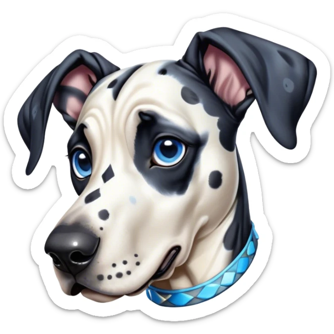 Cinematic Cute Harlequin Great Dane Portrait Emoji, Head tilted playfully and inquisitively, featuring a glossy coat of predominantly white with dynamic black patches, round, sparkling blue eyes filled with gentle curiosity, Simplified yet irresistibly adorable features, highly detailed, glowing with a warm, friendly glow, high shine, affectionate and gentle, stylized with a touch of whimsy, bright and endearing, soft glowing outline, capturing the essence of a mischievous yet loving pup, so playful it feels like it could lumber out of the screen and into your arms! sticker