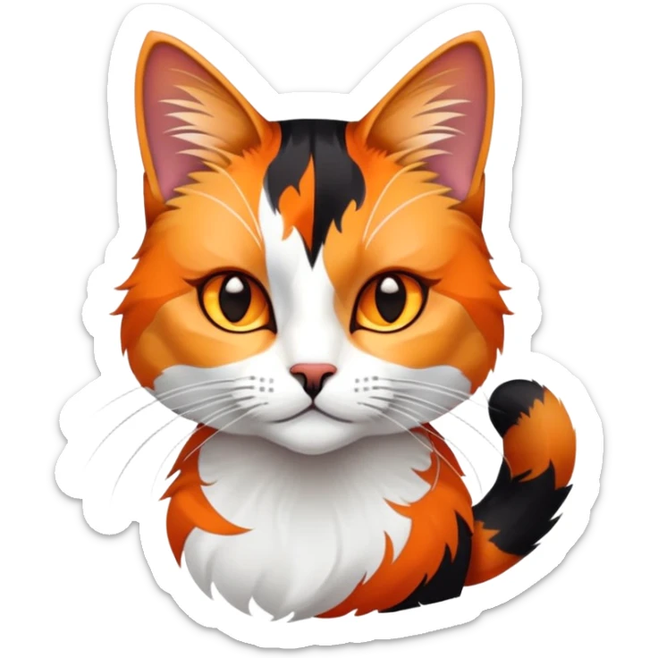 cinematic-noble-calico-cat-portrait-emoji,-poised-and-regal,-with-a-striking-patchwork-fur-in-vibrant-orange,-black,-and-white-hues premoninantly black,-delicate-whiskers-and-a-refined,-relaxed-gaze,-simplified-yet-exquisitely-detailed,-glowing sticker