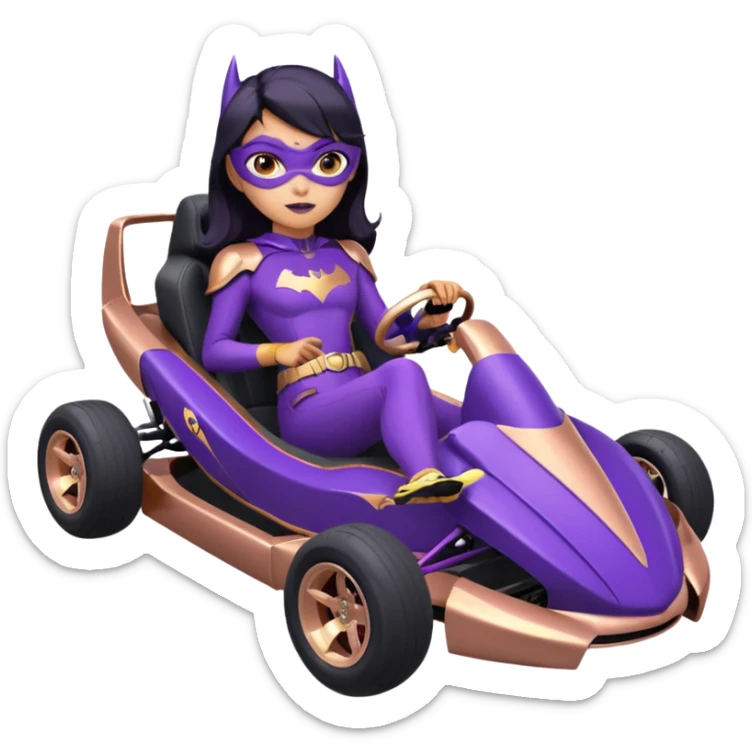 Hot full size real-appearance racing action BatGirl’s Lego feminine midnight-purple tight outfit sixty’s tv show 1992 stealthy retro sporty petite off-road pursuit hovering hover cruiser car rose gold accents (black hair,reclined and relaxed seating position and attitude) go kart  sticker