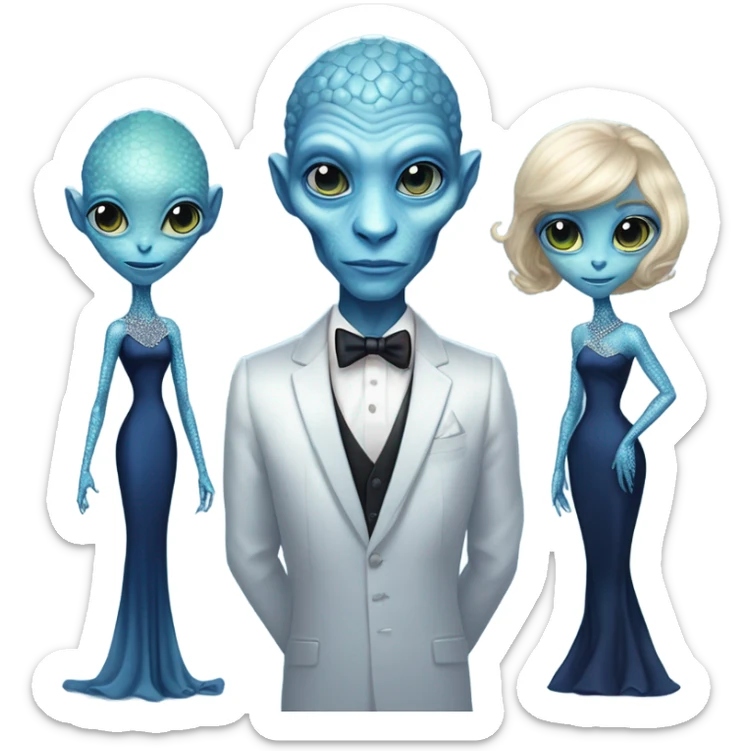 reptilian alien woman, in long slim pastel blue formal party satin dress with gradient shiny sparkling navy blue diamonds embroidered , and caucasian man in black dress sticker