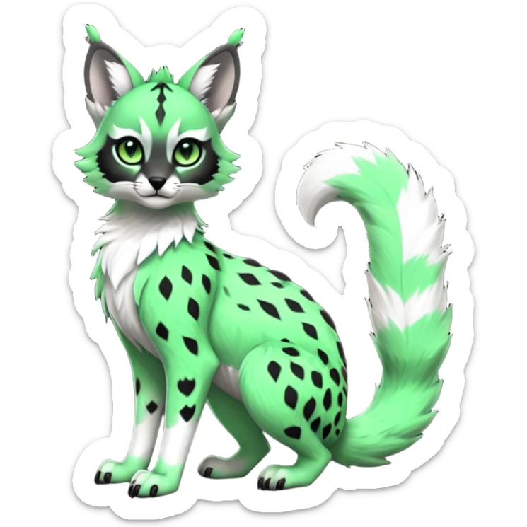 Cute kawaii cool edgy badass  neon-green fur with obsidian-onyx-black points and snowy-white belly fantasy-caracal-civet-genet-sergal-vernid-Gryphon-Cacomistle-Trico-oncilla-animal-Fakémon-hybrid-fursona (full body), facial markings, (realism style) sticker