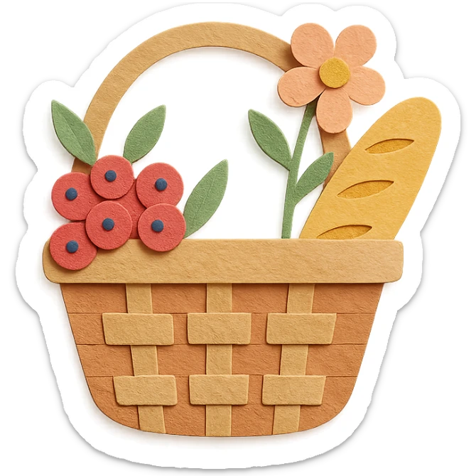 picnic basket with berries, bread, and flowers in warm pastel shades, paper-craft style sticker